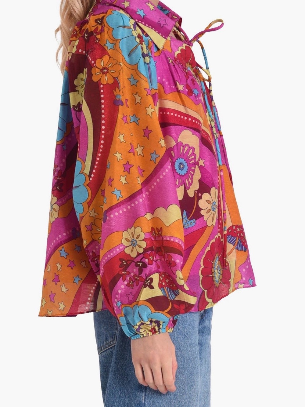 Ciebon- Printed Pink Floral Button-Down Blouse with Balloon Sleeves-XS runs S/M - Picture 4 of 11
